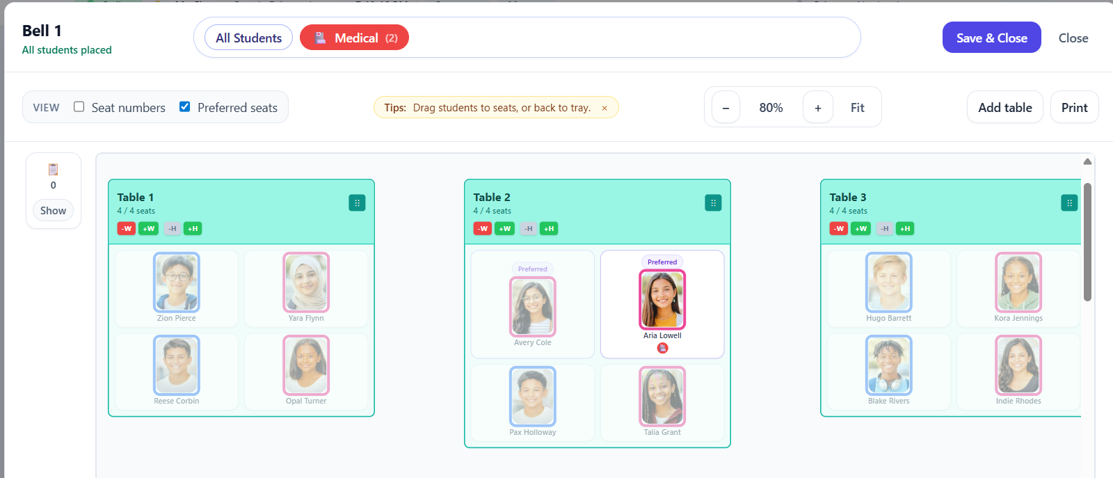 Tag filter controls applied to a seating chart