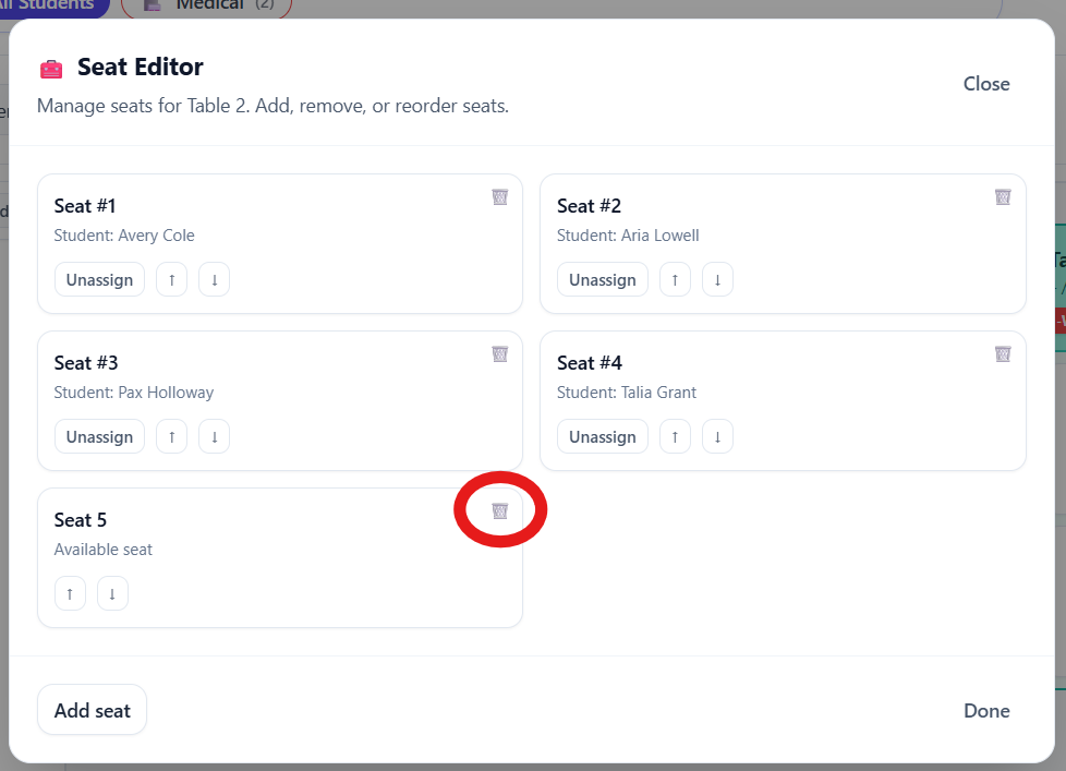 Seat tile with a trash can icon