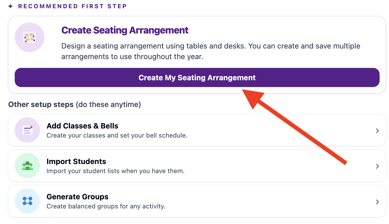 Setup guide with the Create My Seating Arrangement button highlighted