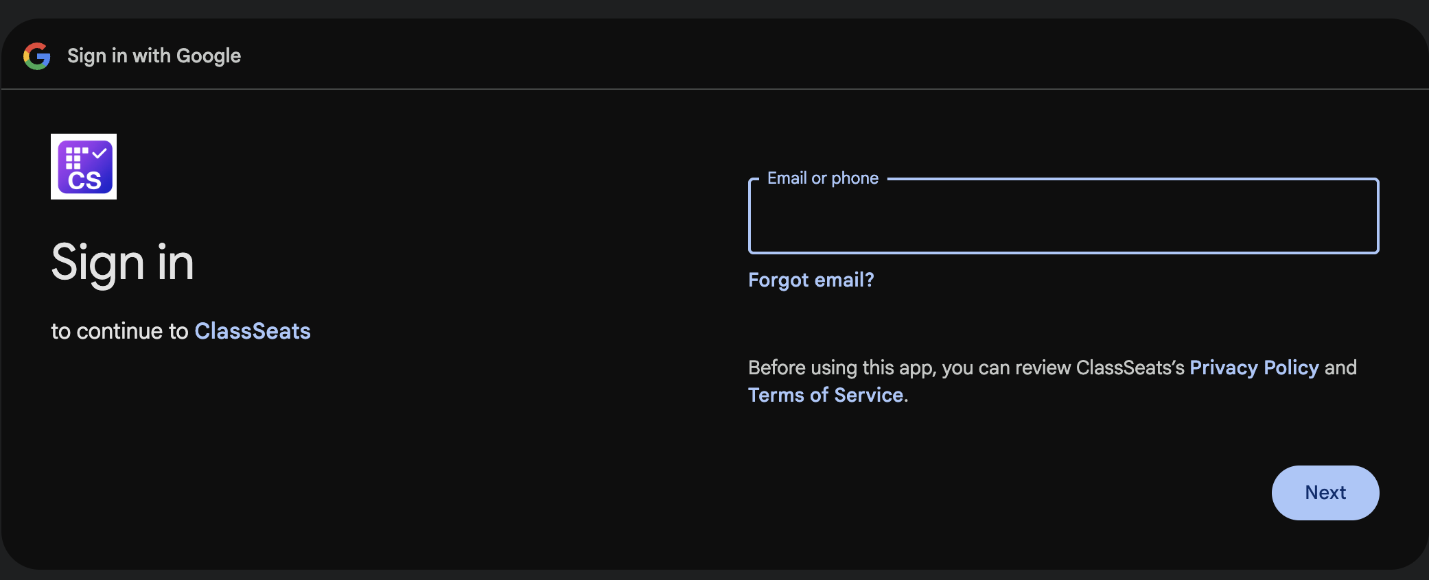Google sign-in page for continuing to ClassSeats with an email or phone field and Next button.