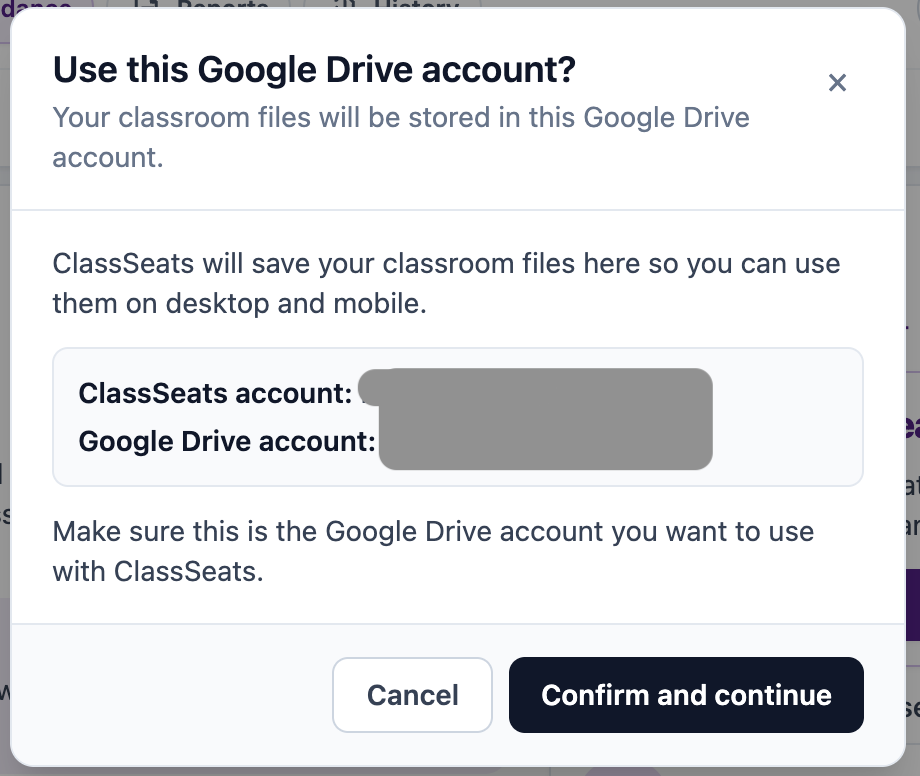 ClassSeats dialog asking whether to use the selected Google Drive account, with Cancel and Confirm and continue buttons.