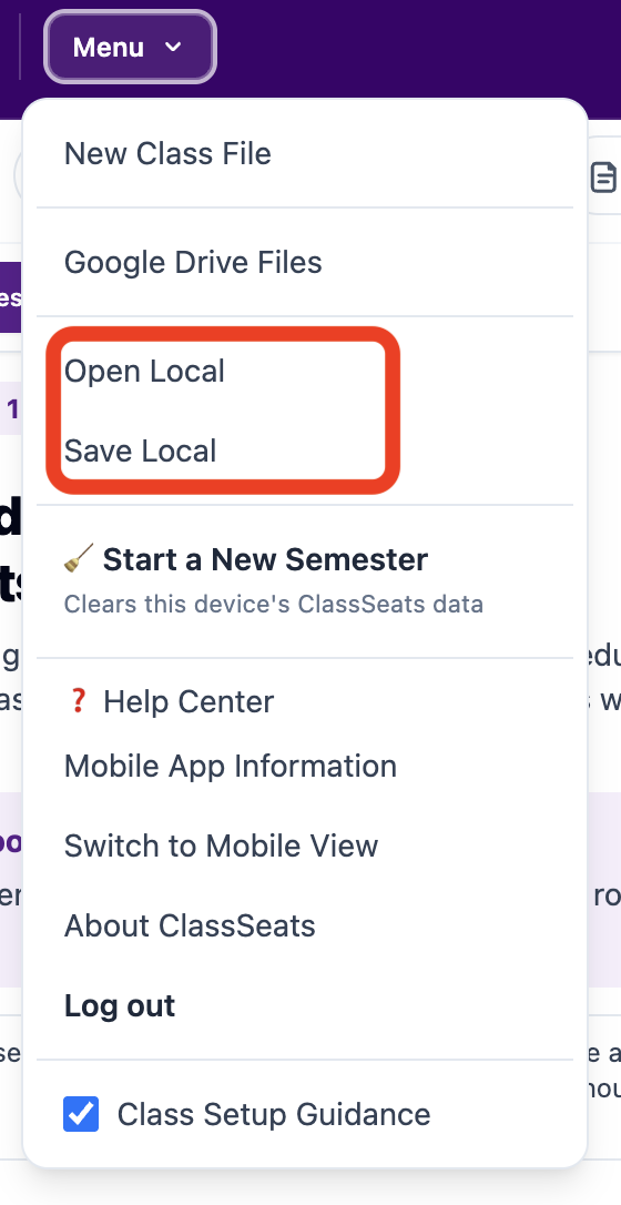 ClassSeats menu open with Open Local and Save Local options highlighted.