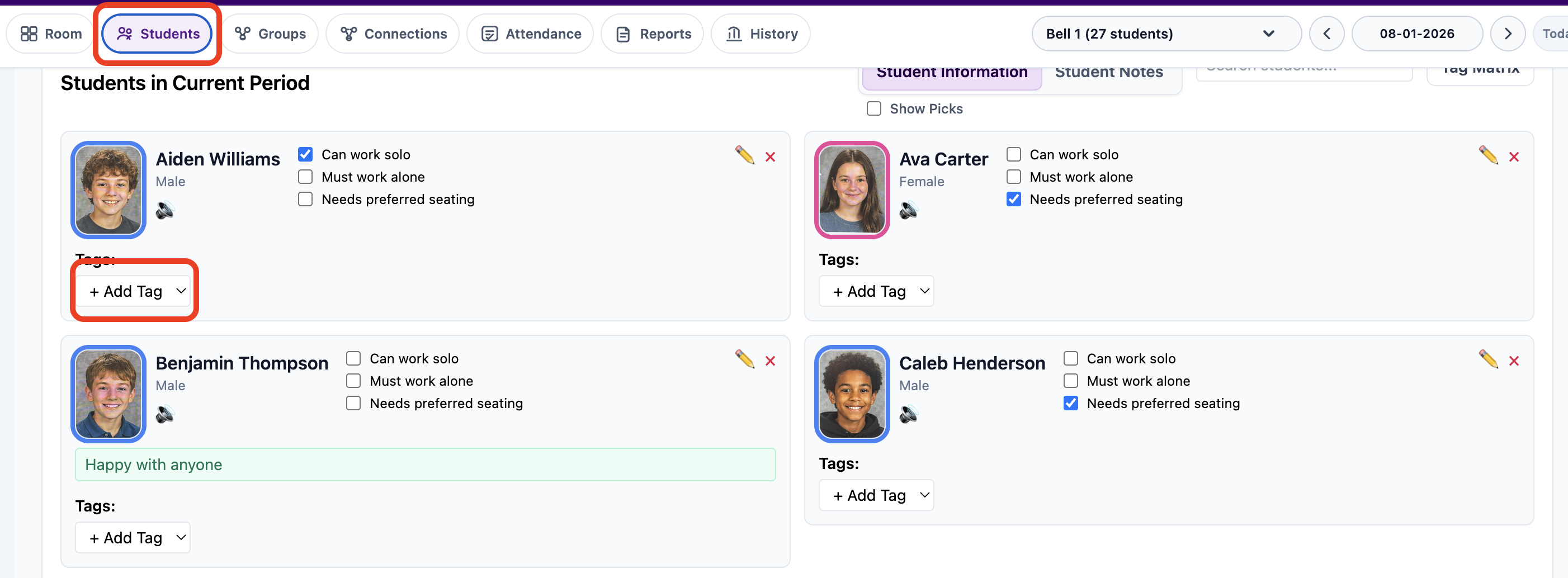 Students tab with Add Tag highlighted on a student card