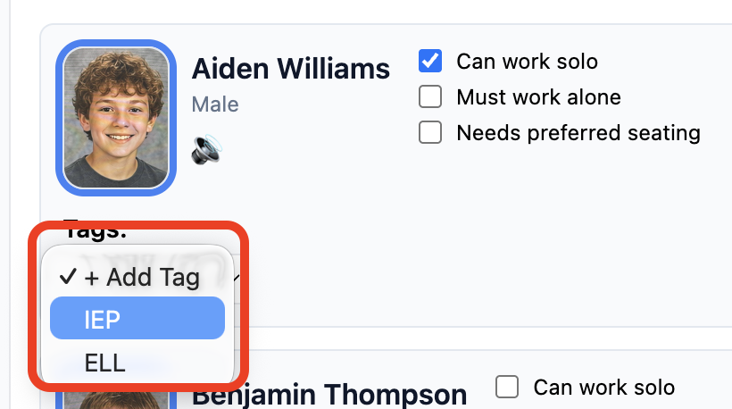 Add Tag menu with IEP and ELL tag options
