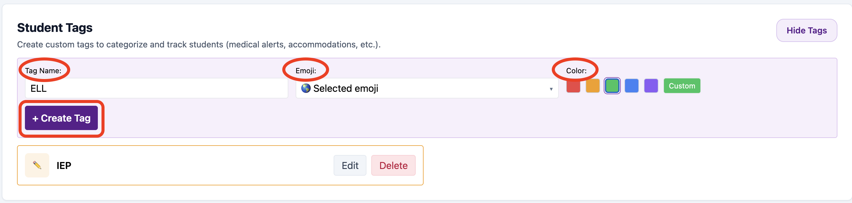 Student Tags form with tag name, emoji, color, and Create Tag button highlighted