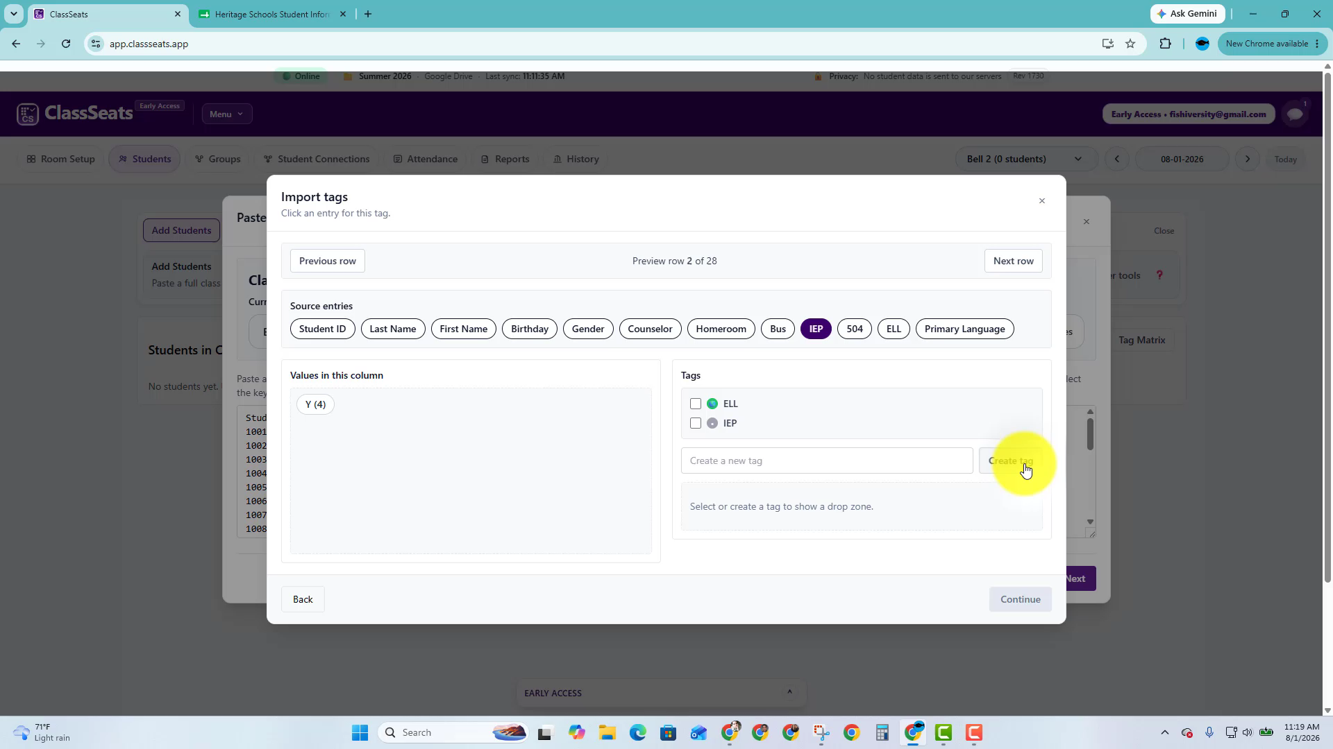 Import tags window with source entries such as IEP, 504, ELL, and Primary Language