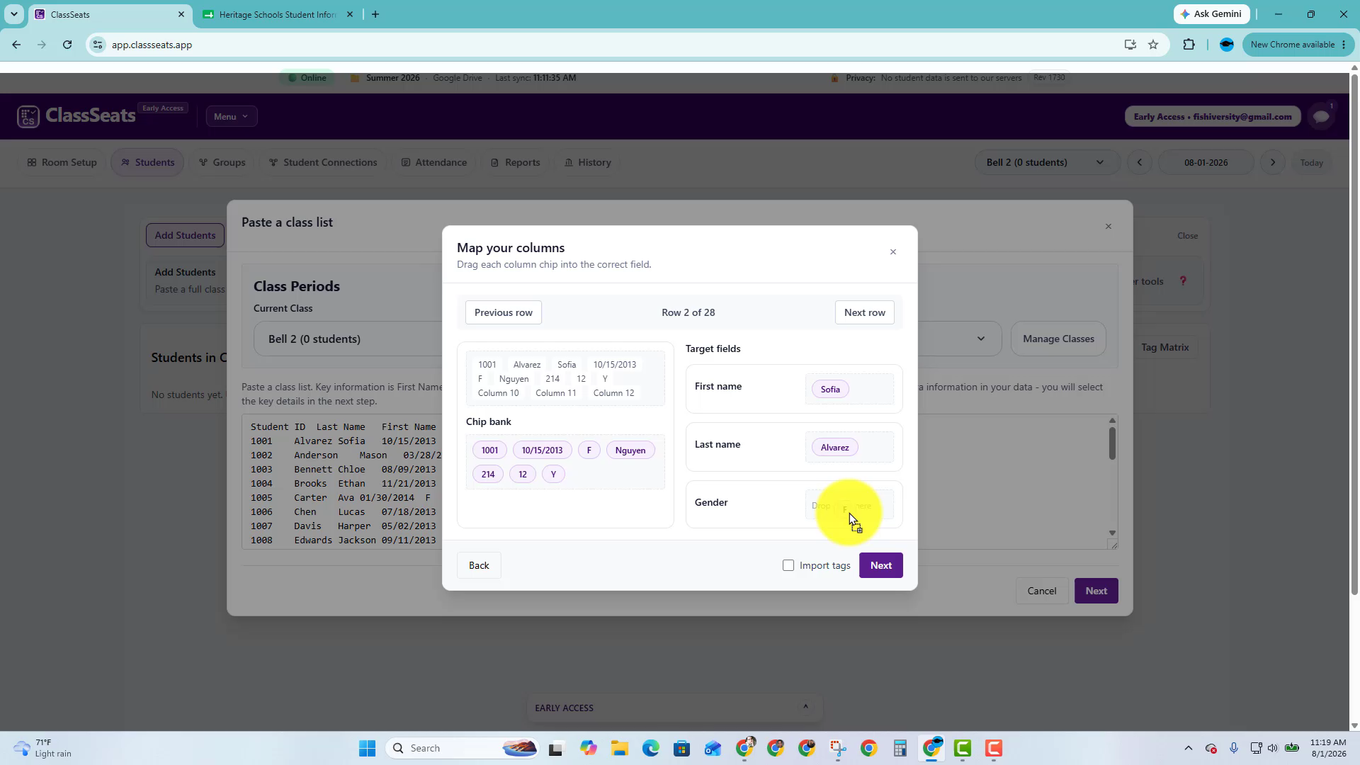 Map your columns window with Import tags checkbox visible
