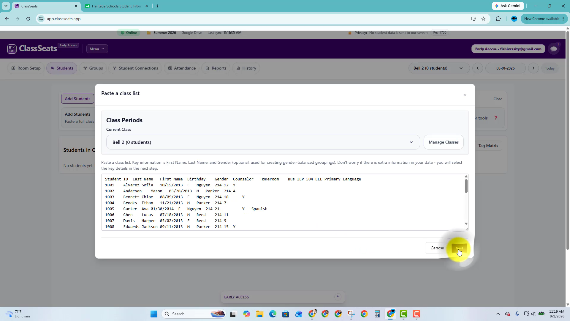Paste a class list window with roster data including extra columns
