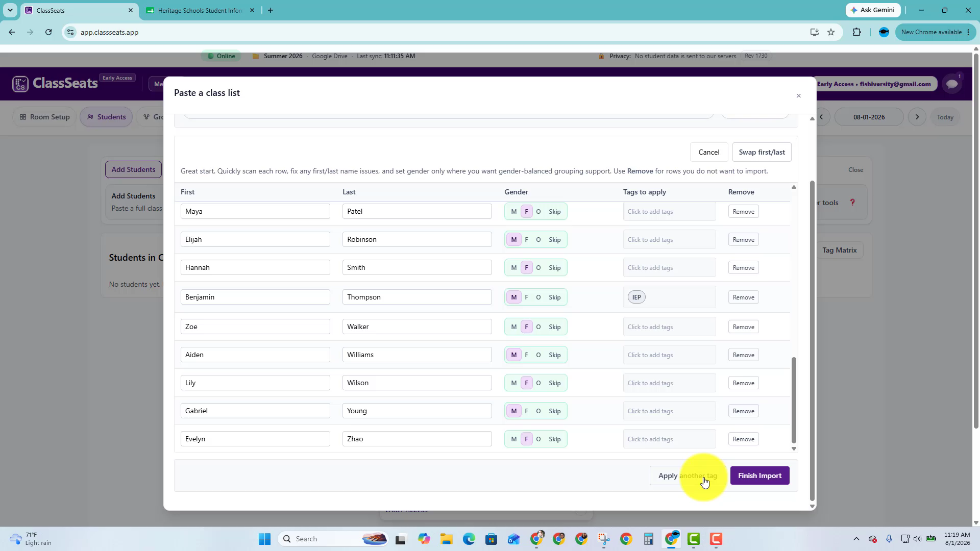 Import review table with the IEP tag appearing in the Tags to apply column
