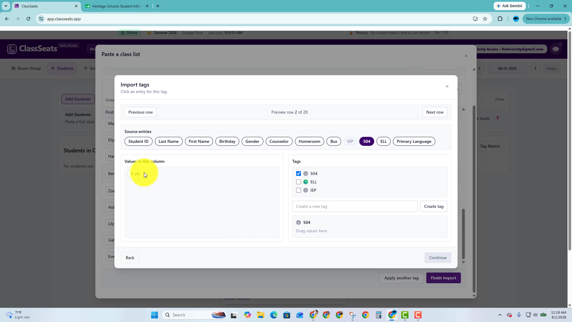 Import tags window with the 504 column selected and the 504 tag checked