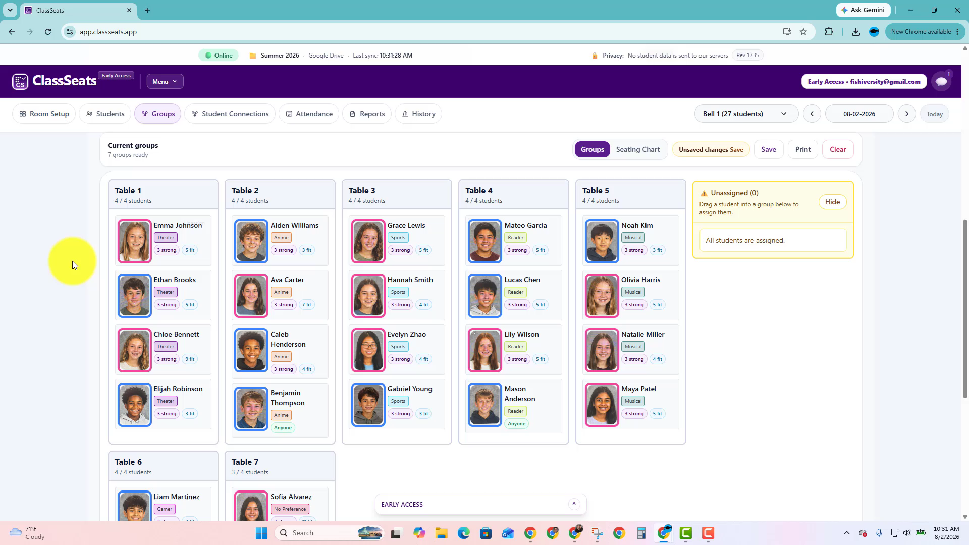 Generated groups showing students grouped with visible interest tag chips