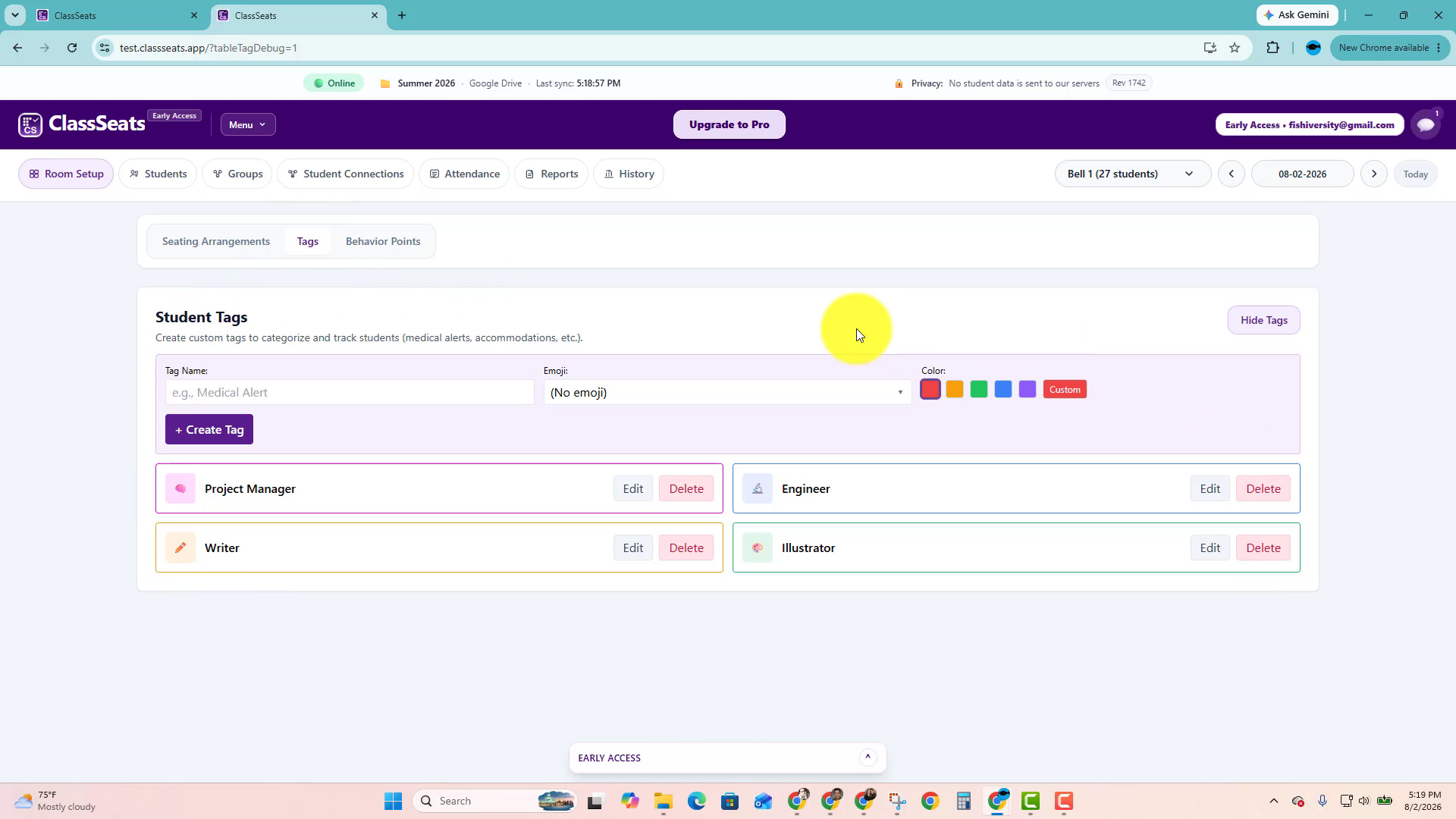 Student Tags page with Project Manager, Engineer, Writer, and Illustrator tags