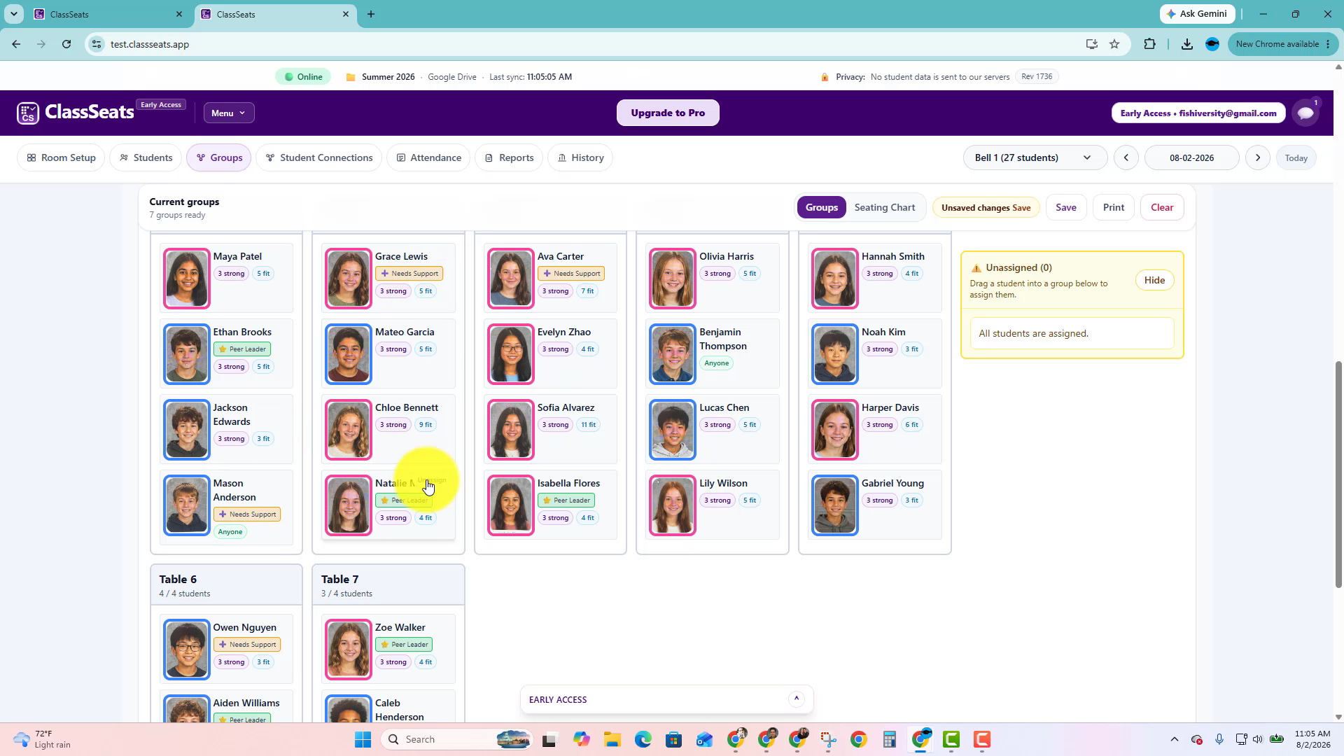 Generated groups with Needs Support and Peer Leader tag chips visible on student cards