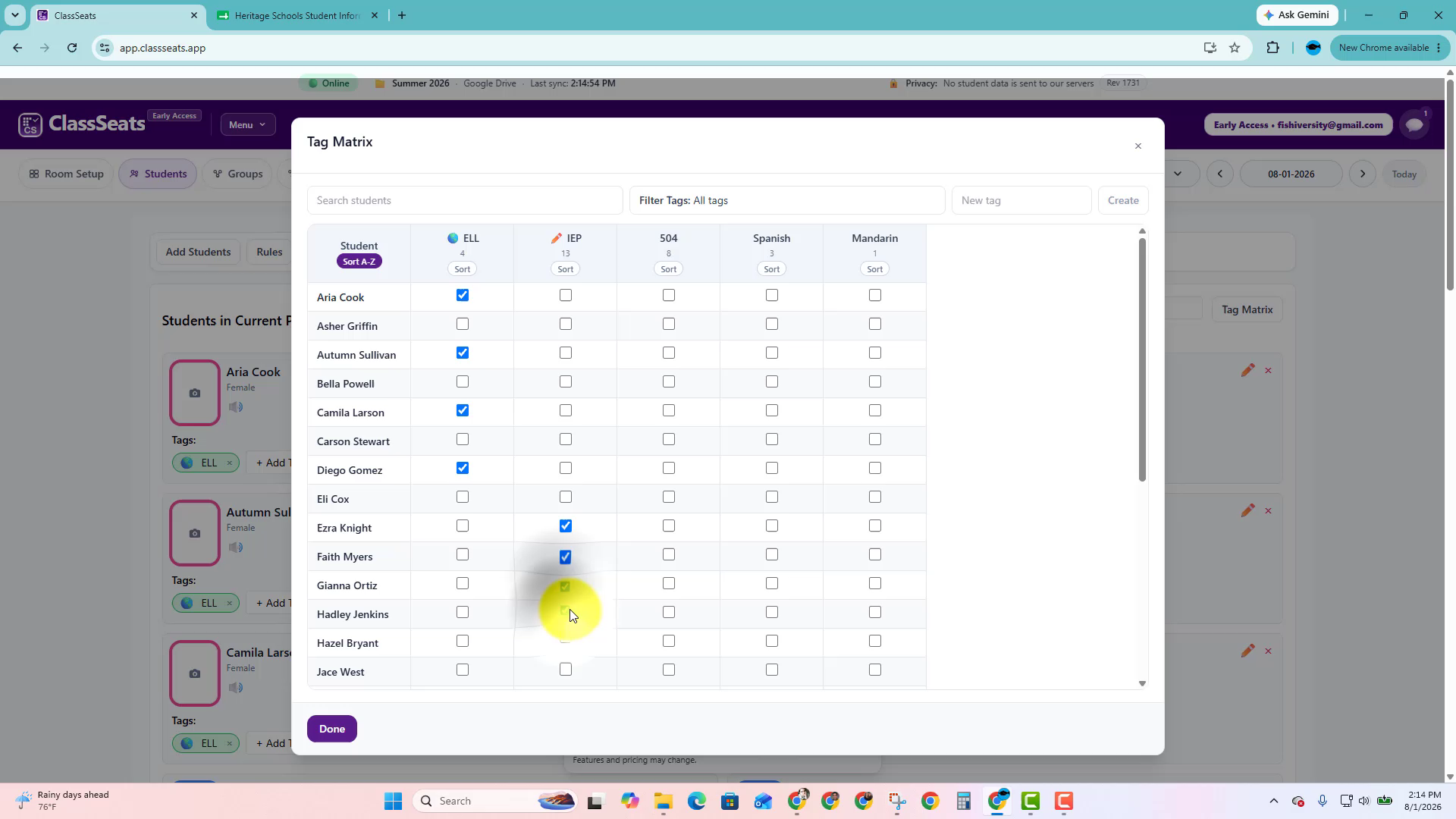 Tag Matrix with several tag checkboxes selected for students