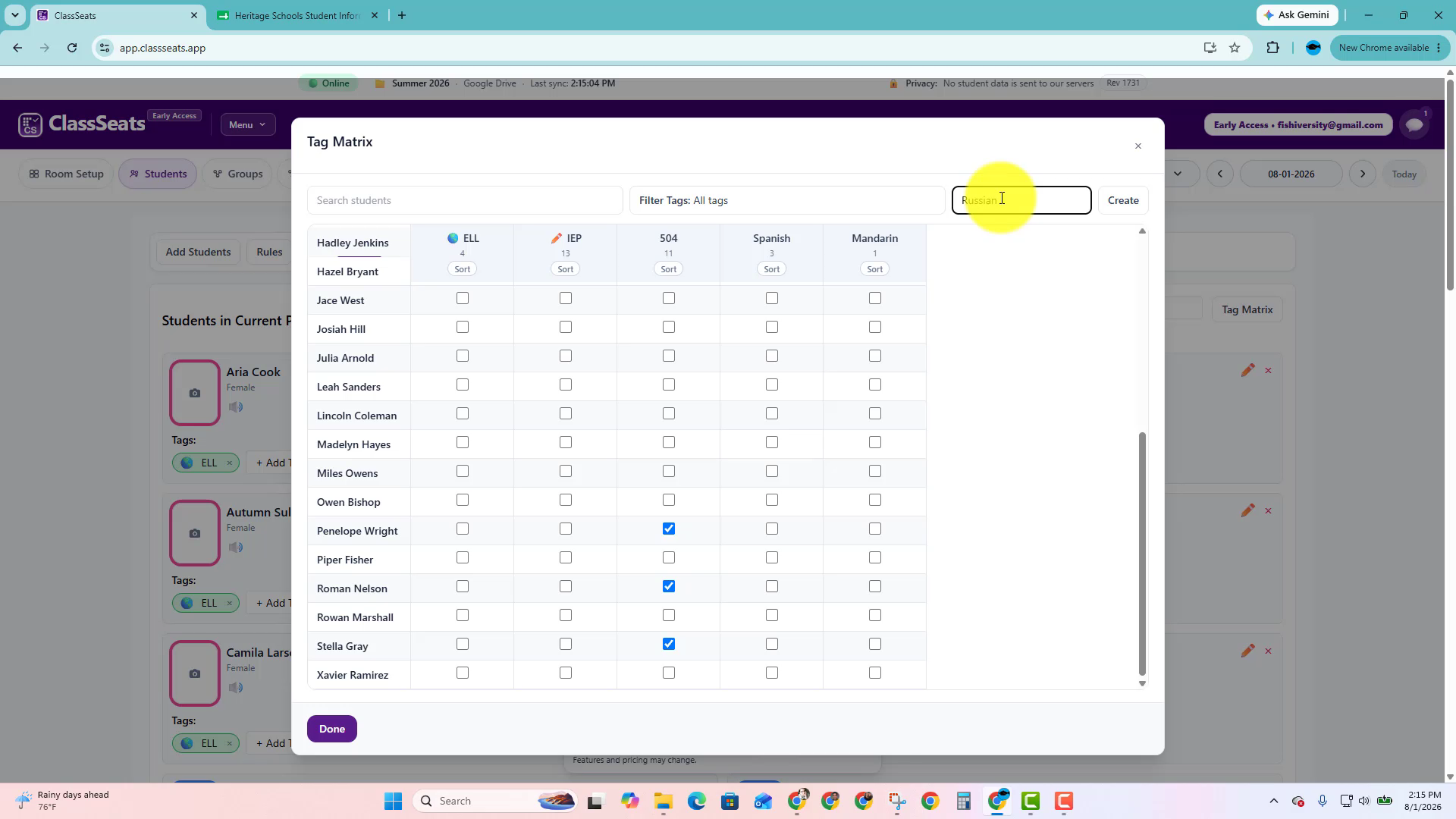 Tag Matrix with a new tag name entered in the New tag field
