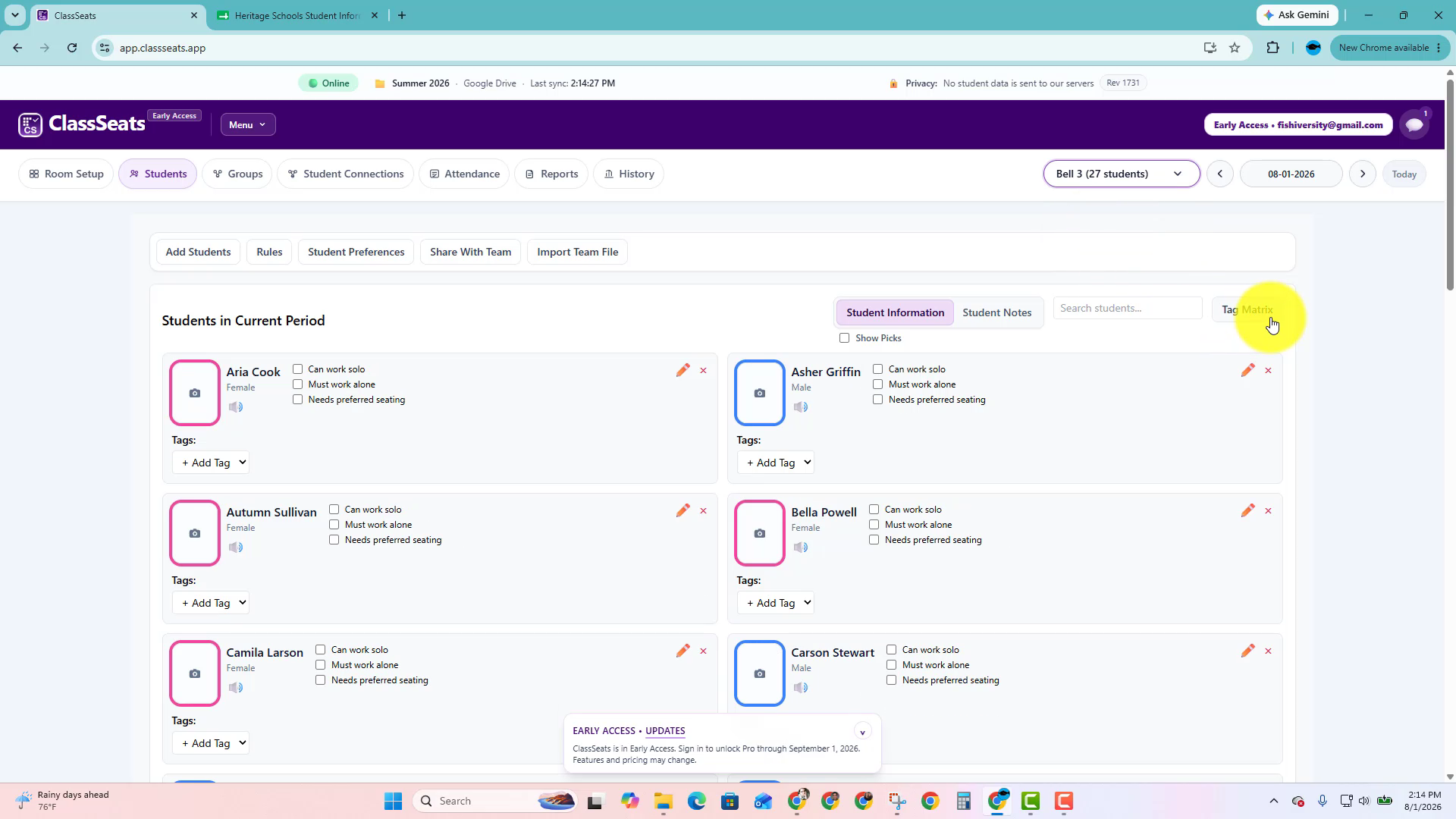 Students tab with the Tag Matrix button visible above the student list