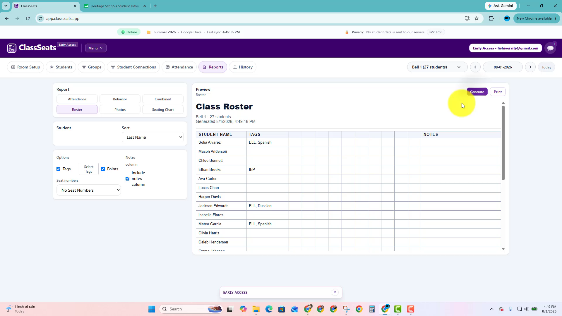 Generated class roster preview with student tags shown in the Tags column