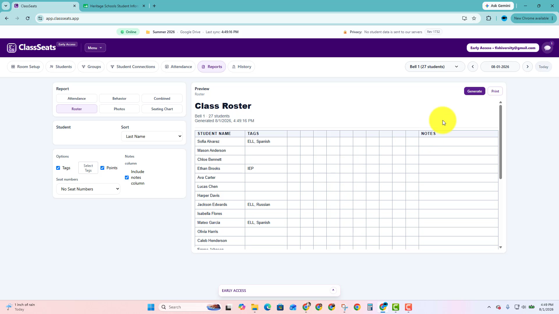 Browser print preview showing a class roster report