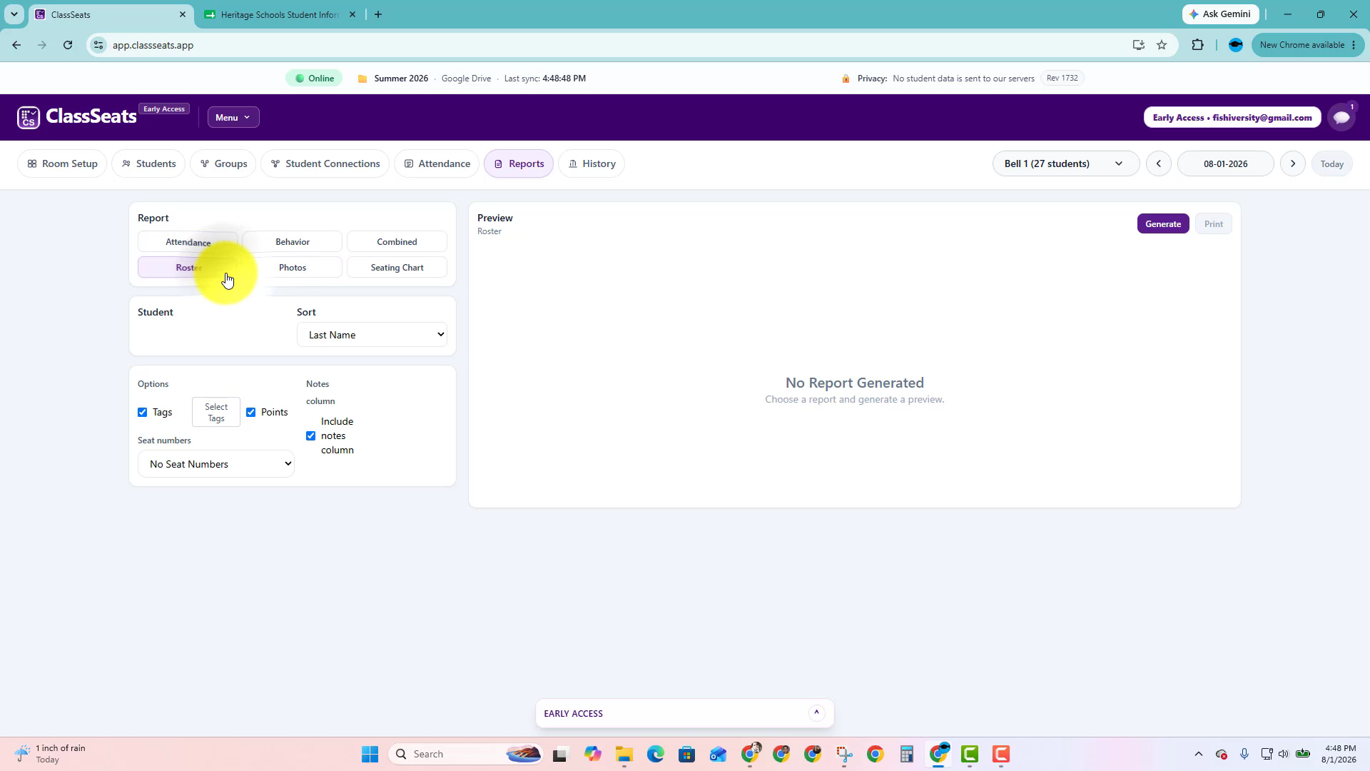 Reports tab with Roster selected and roster options visible