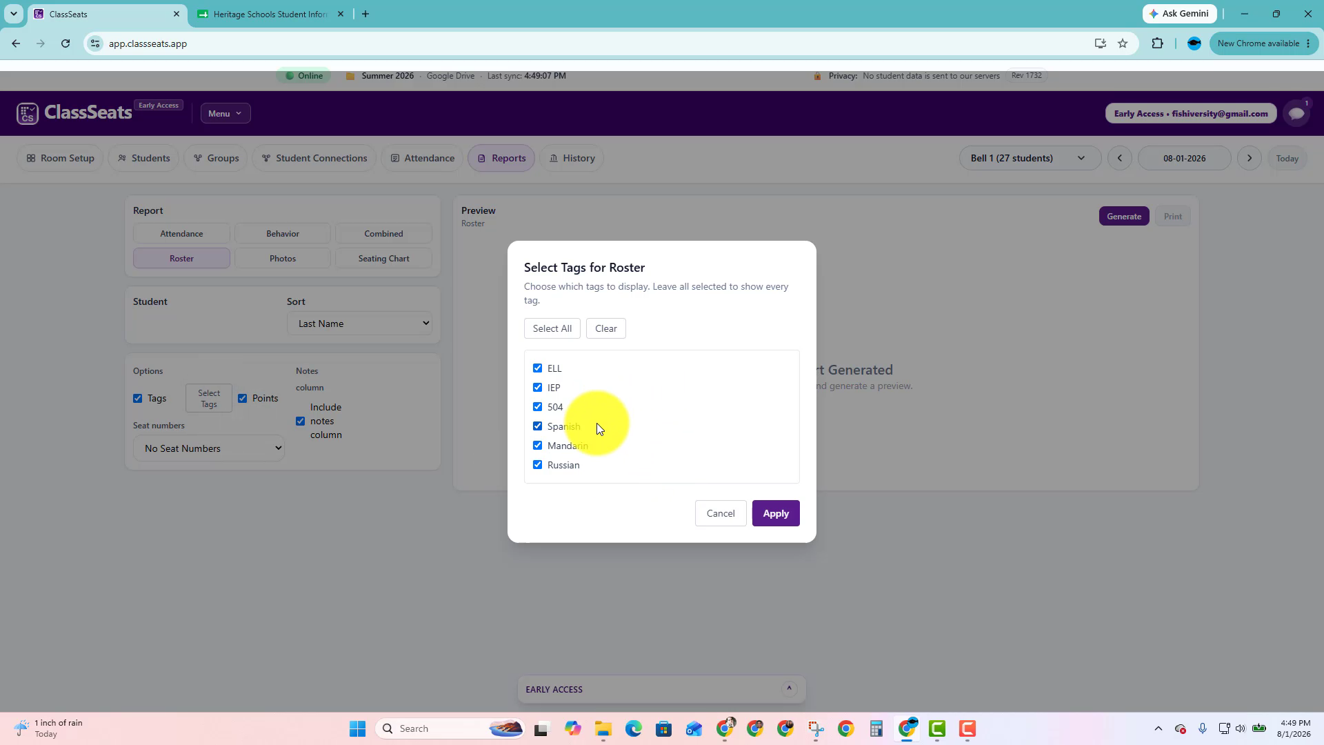 Select Tags for Roster window with several tag checkboxes selected