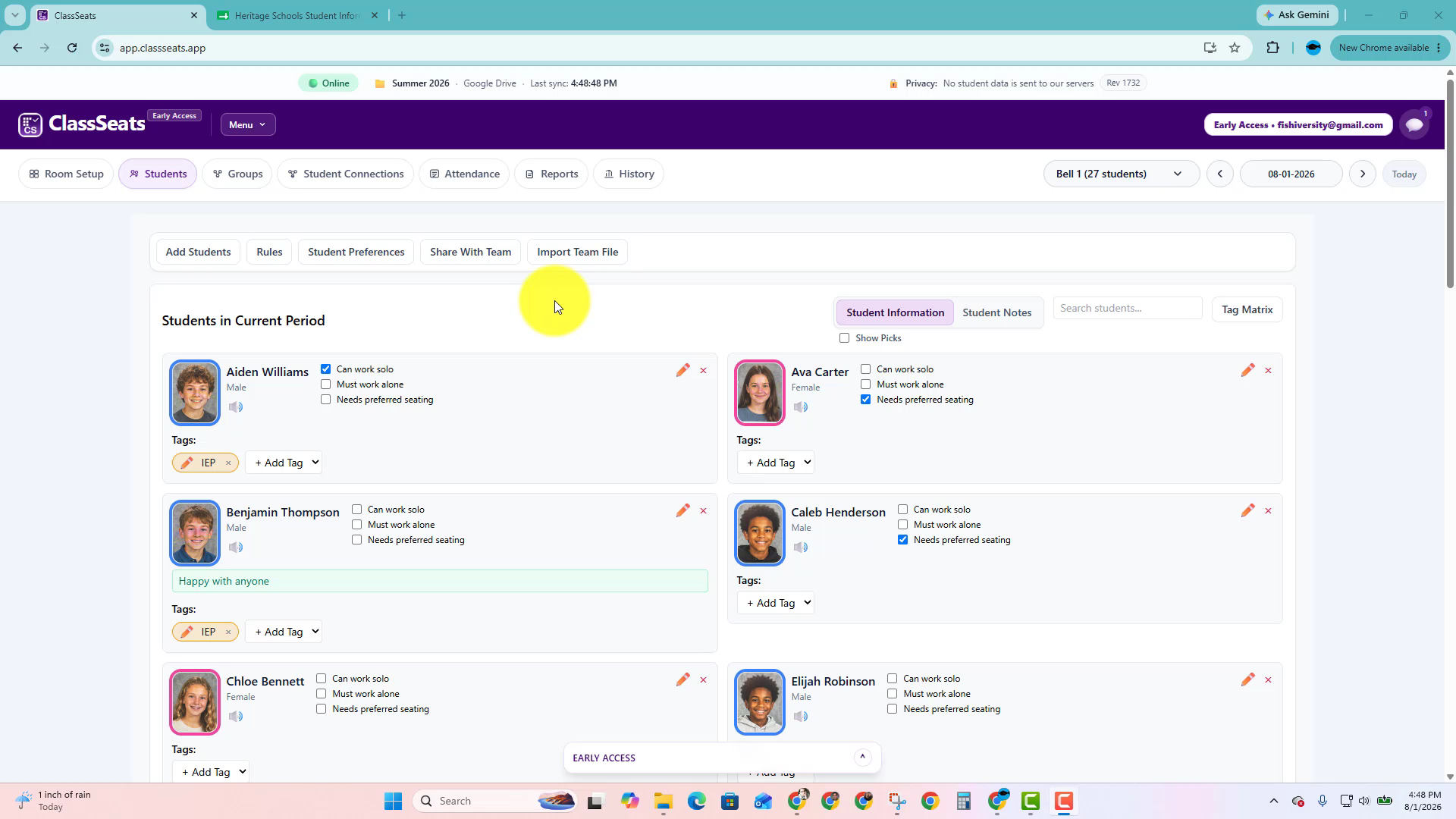 Students tab with student cards showing assigned tags