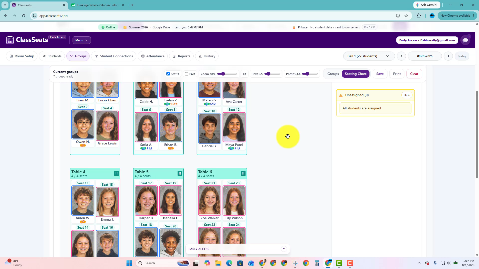 Seating chart with the Tag Legend above the chart