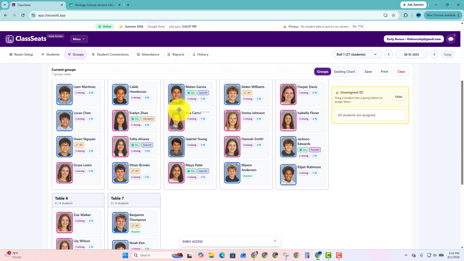 Groups seating arrangement with student tags visible on student cards