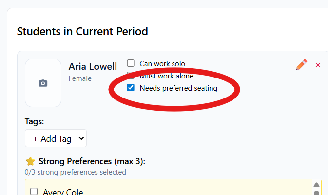 Student card with Needs preferred seating checked