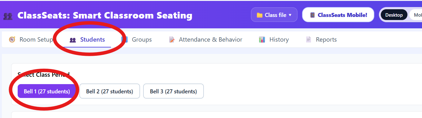 Students tab with a class period selected